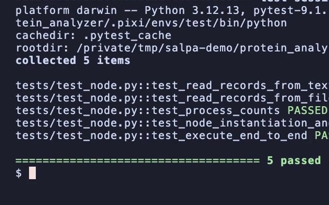 A terminal: the scaffolded package’s test suite — collected 5 items, 5 passed.