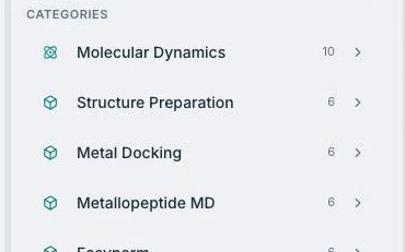 The Salpa node library after installing Hub packages: Molecular Dynamics, Structure Preparation, Metal Docking, Metallopeptide MD, EasyParm.